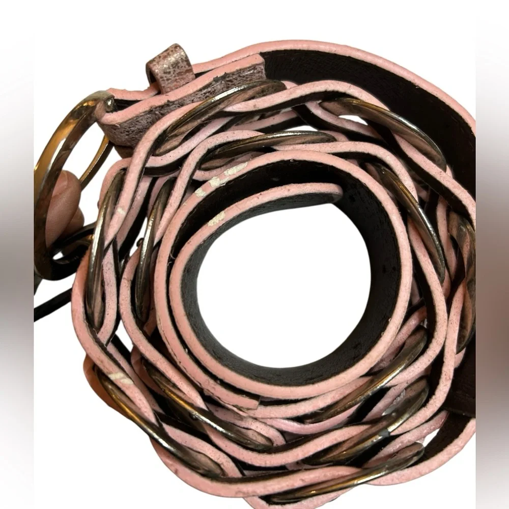 NWT Sparkling Pink Faux Leather Braided Belt Interlocking Silver Circles 42.5”